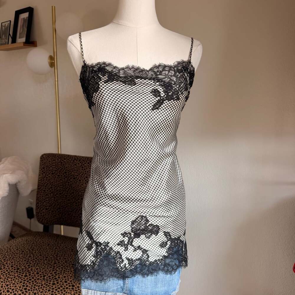Victoria's Secret Houndstooth Satin and Black Lace Camisole Tank Top M